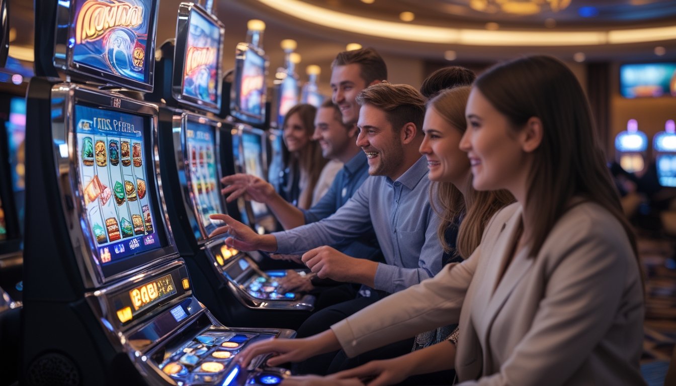 Orang-orang bermain mesin slot di dalam kasino yang terang dan modern dengan suasana penuh semangat.