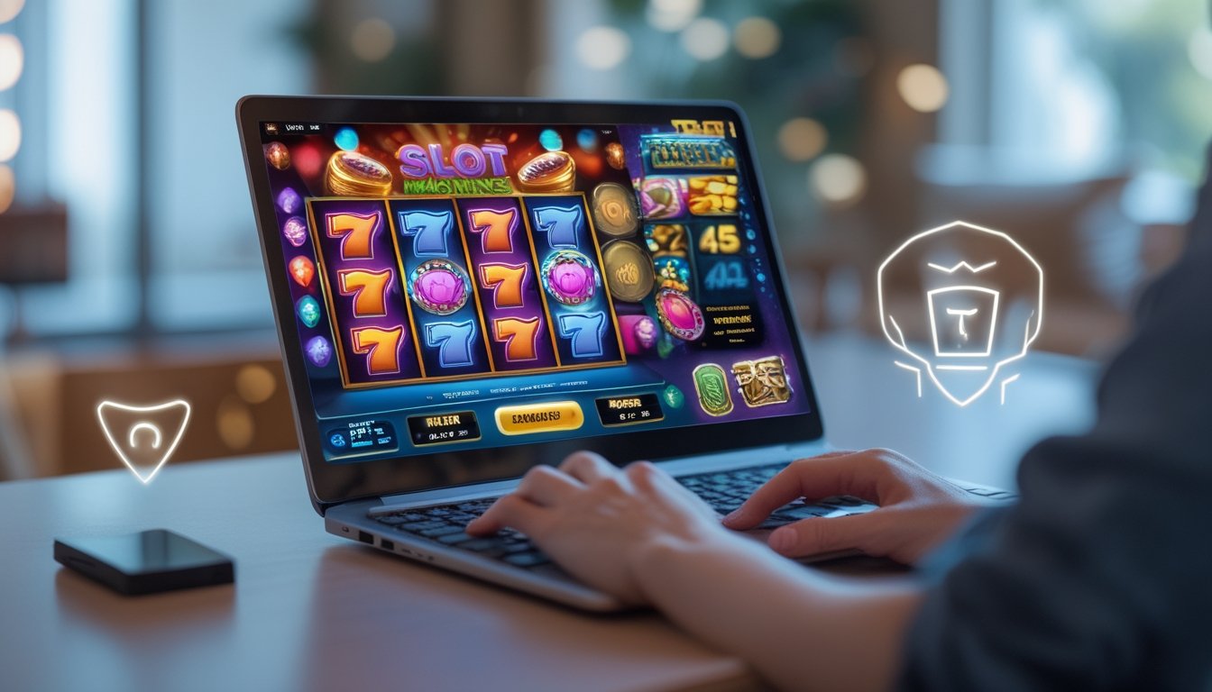 Seorang pengguna sedang bermain mesin slot online di komputer dengan latar belakang ruangan yang nyaman dan pencahayaan hangat.