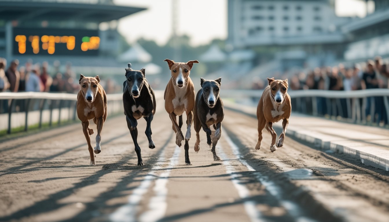 Beberapa anjing greyhound sedang berlari di lintasan balap dengan penonton di latar belakang.