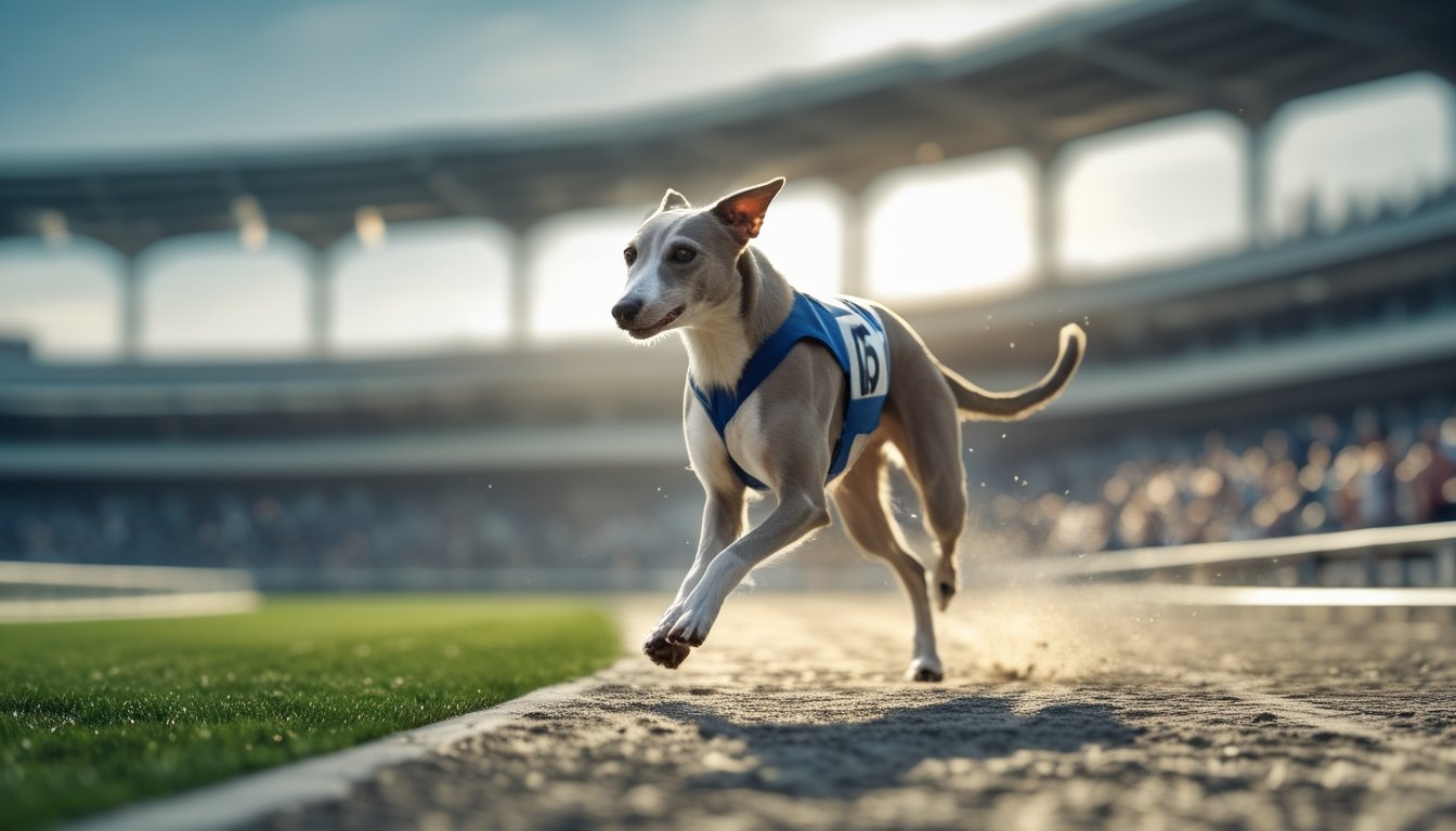 Seekor anjing greyhound sedang berlari di lintasan balap dengan latar belakang tribun penonton.