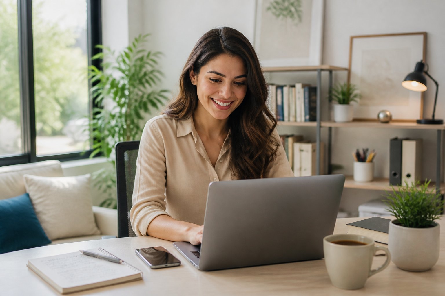 A young woman working on a laptop at a tidy desk in a bright home office with natural light coming through a window.