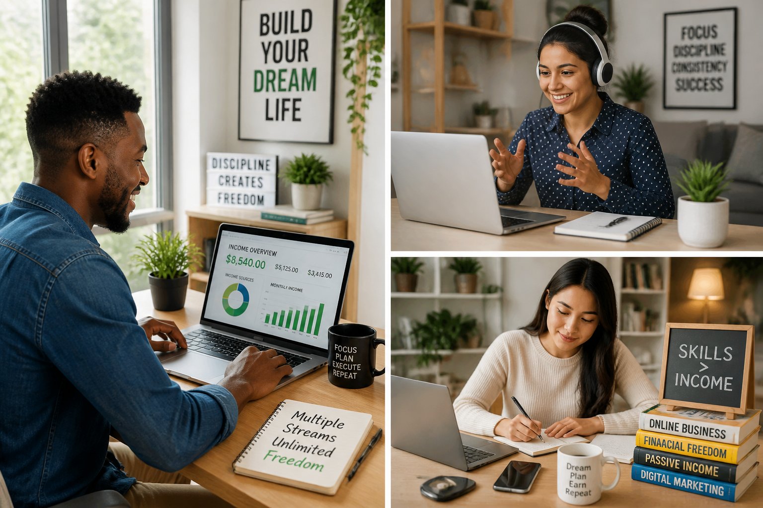 People working from home on laptops and phones in a bright, comfortable room with natural light and home decor.