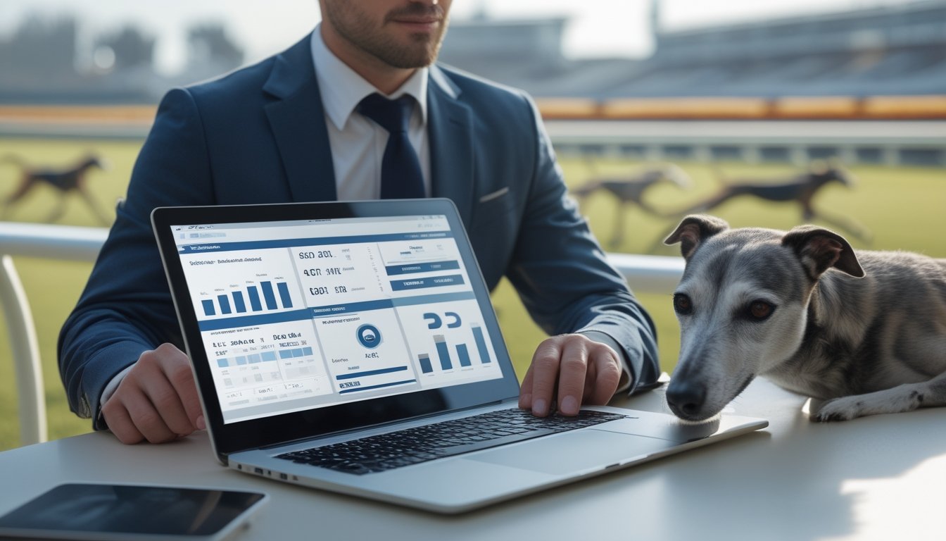 Seorang pria berpakaian rapi duduk di meja dengan laptop dan anjing greyhound di sampingnya, latar belakang menampilkan lintasan balap anjing yang samar.