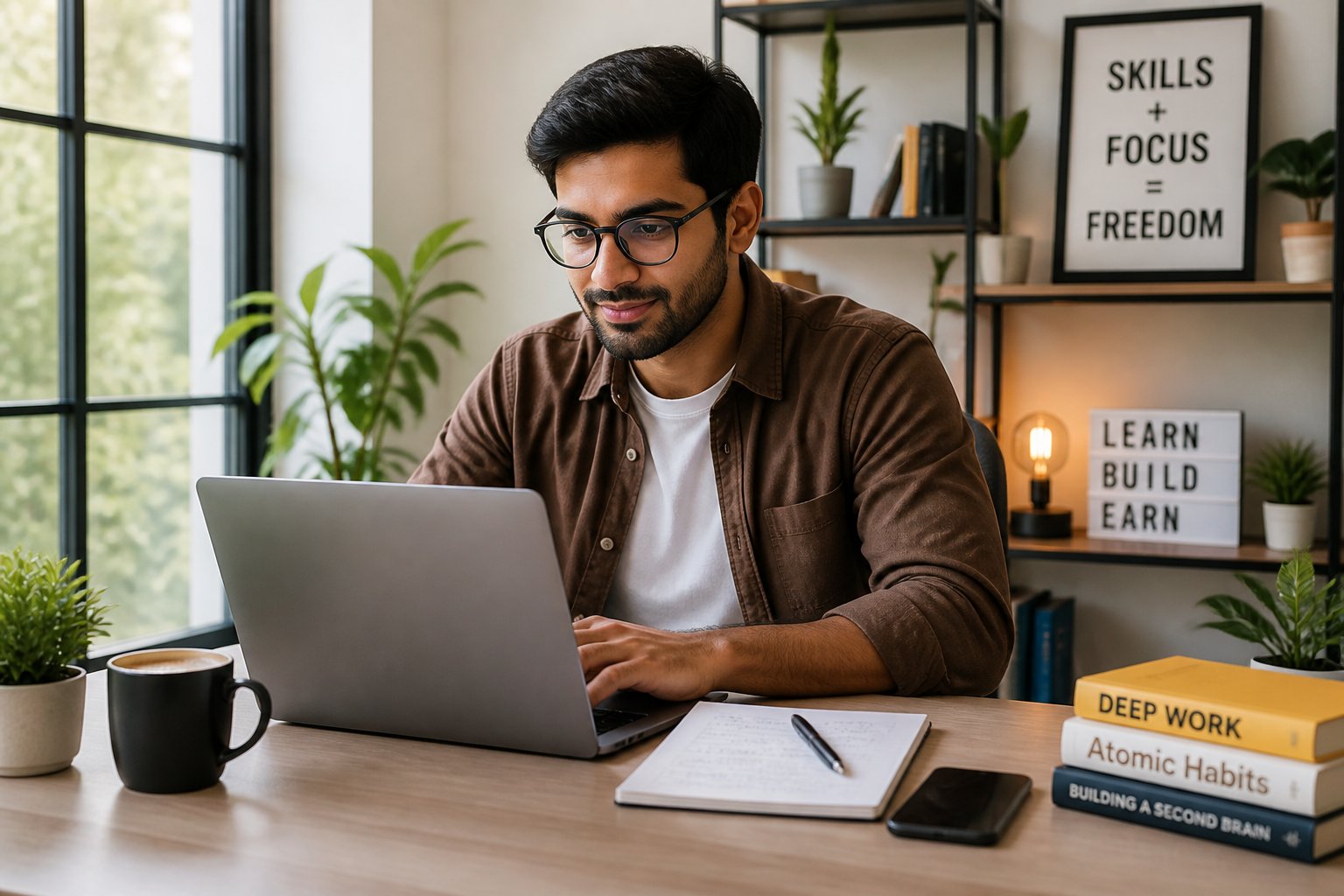 A person working on a laptop at a desk in a bright home office with books and plants in the background.