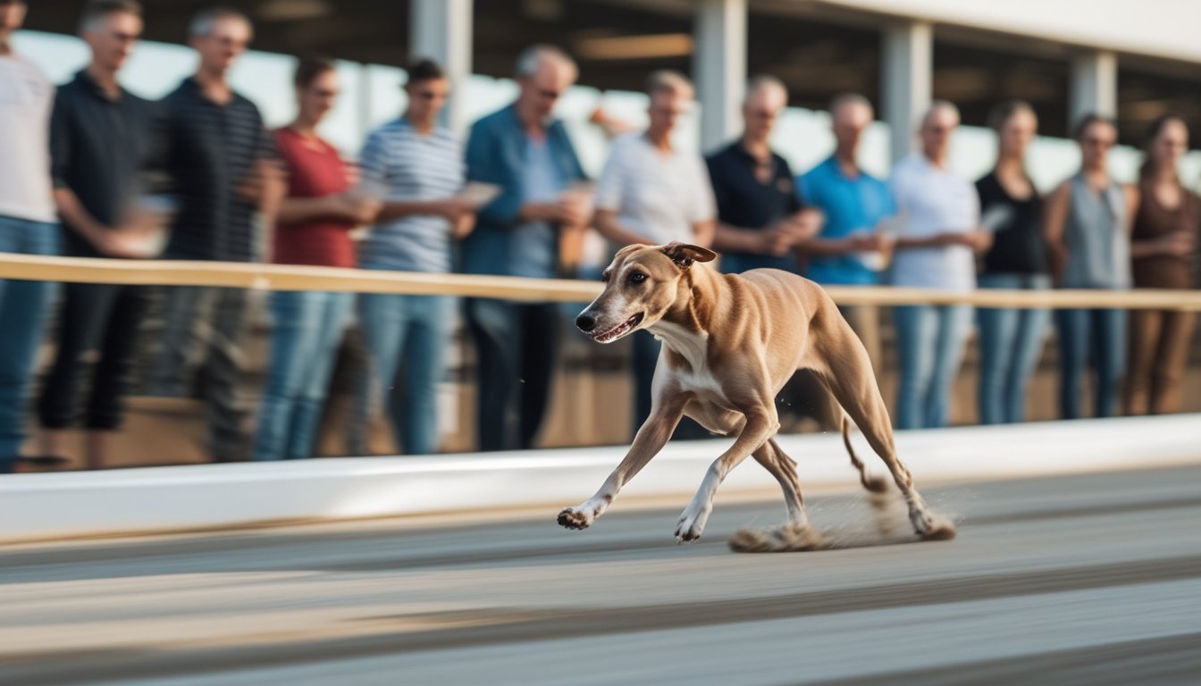 Seekor anjing greyhound sedang berlari di lintasan balap dengan beberapa orang menonton dan memasang taruhan secara aman.