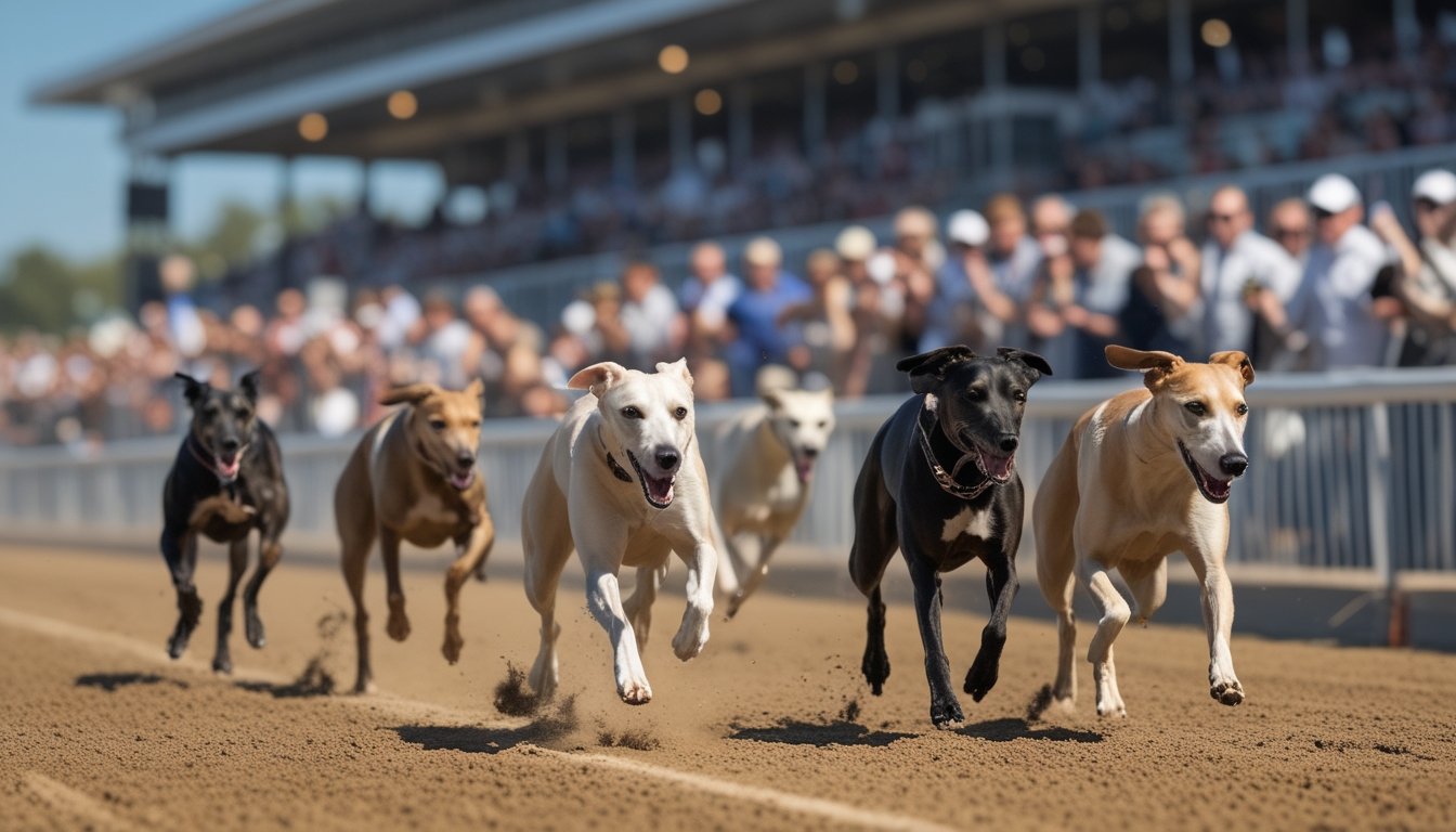Beberapa anjing greyhound sedang berlari di lintasan balap dengan penonton yang antusias memperhatikan di latar depan.