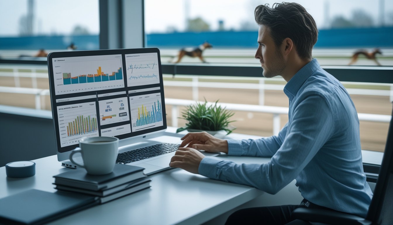 Seorang profesional bisnis duduk di meja dengan laptop, menganalisis data tentang taruhan balap anjing, dengan lintasan balap anjing terlihat di latar belakang.