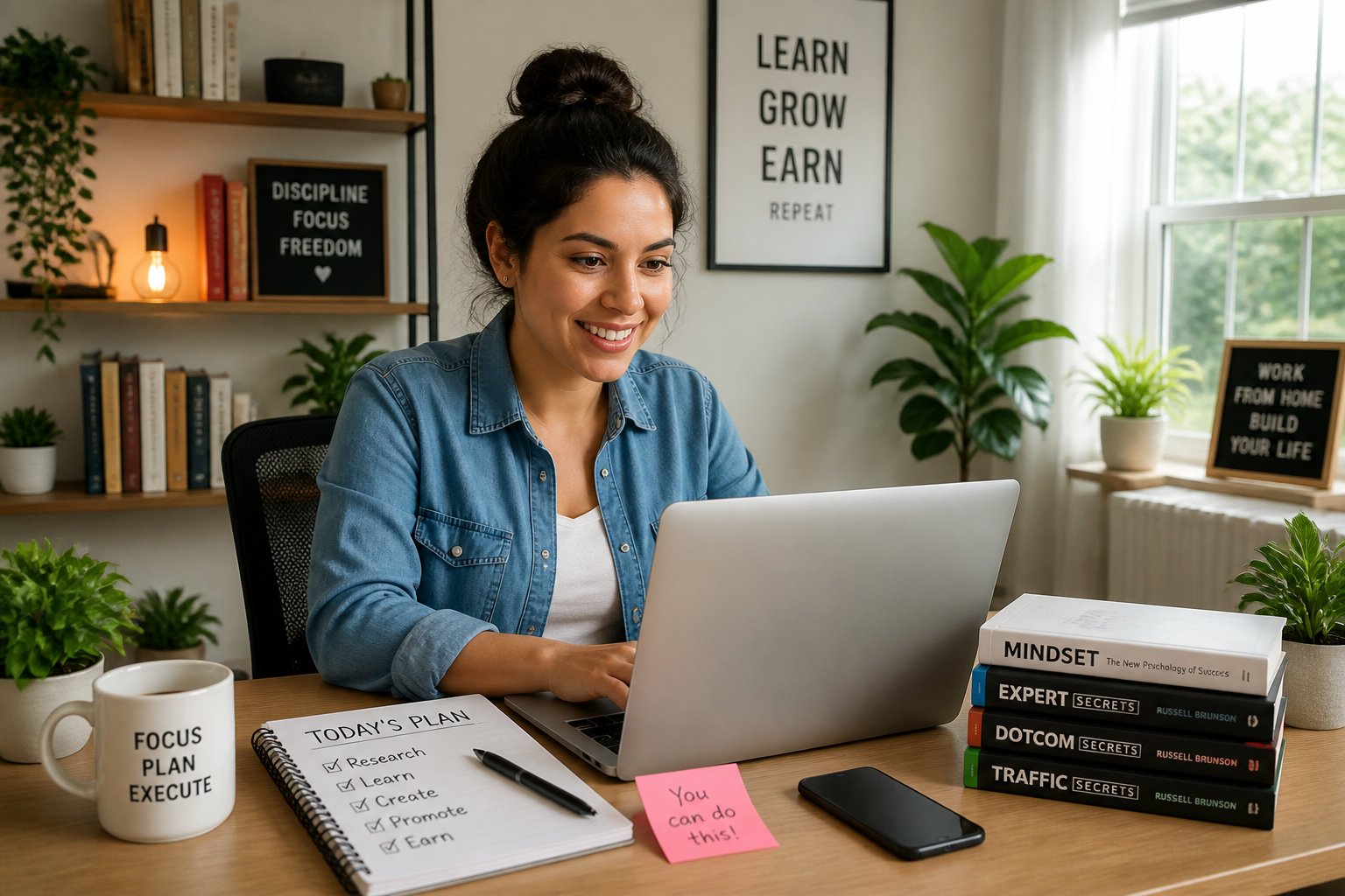 A person working on a laptop at a desk in a bright home office with plants and books, looking focused and optimistic.