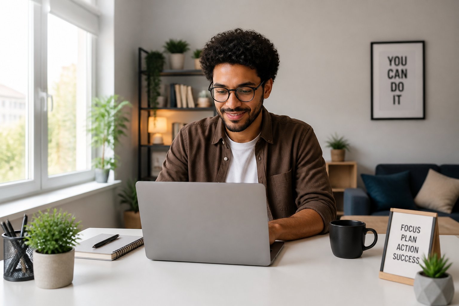 A young adult working on a laptop at a desk in a bright home office with natural light and simple decor.