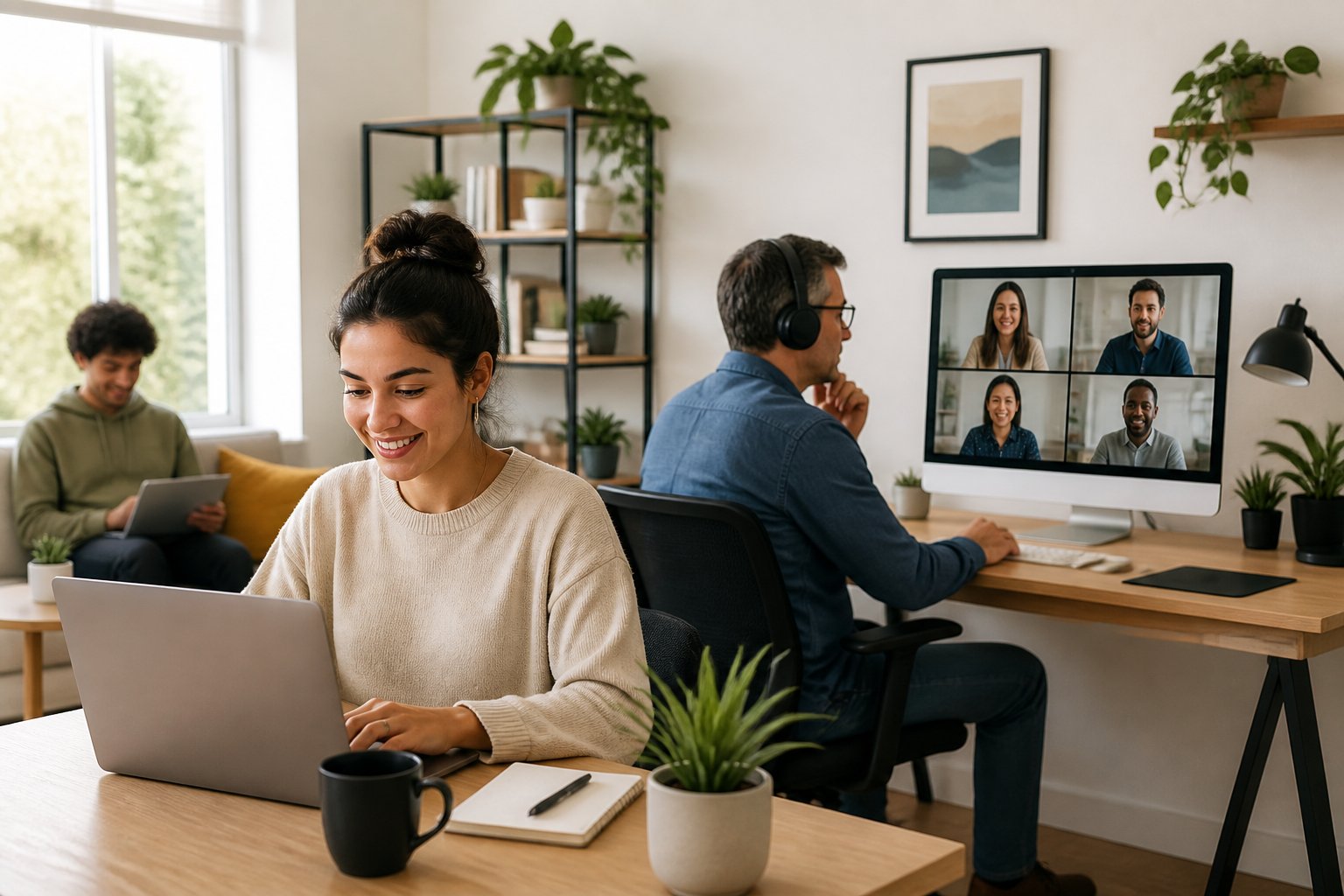 People working from home in a bright room using laptops and computers at desks.