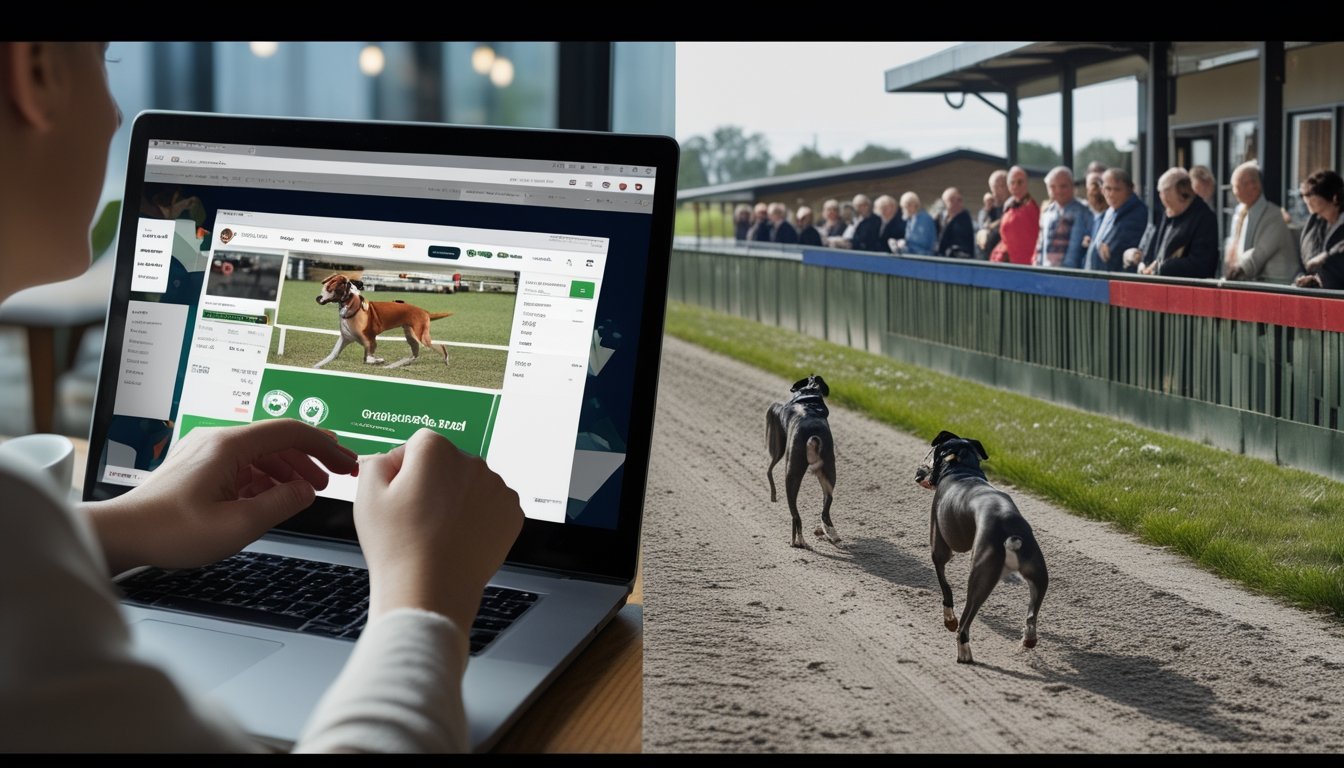 Seseorang menggunakan laptop untuk taruhan balap anjing online di sebelah kiri, dan di sebelah kanan orang-orang menonton balap anjing secara langsung di arena luar ruangan.