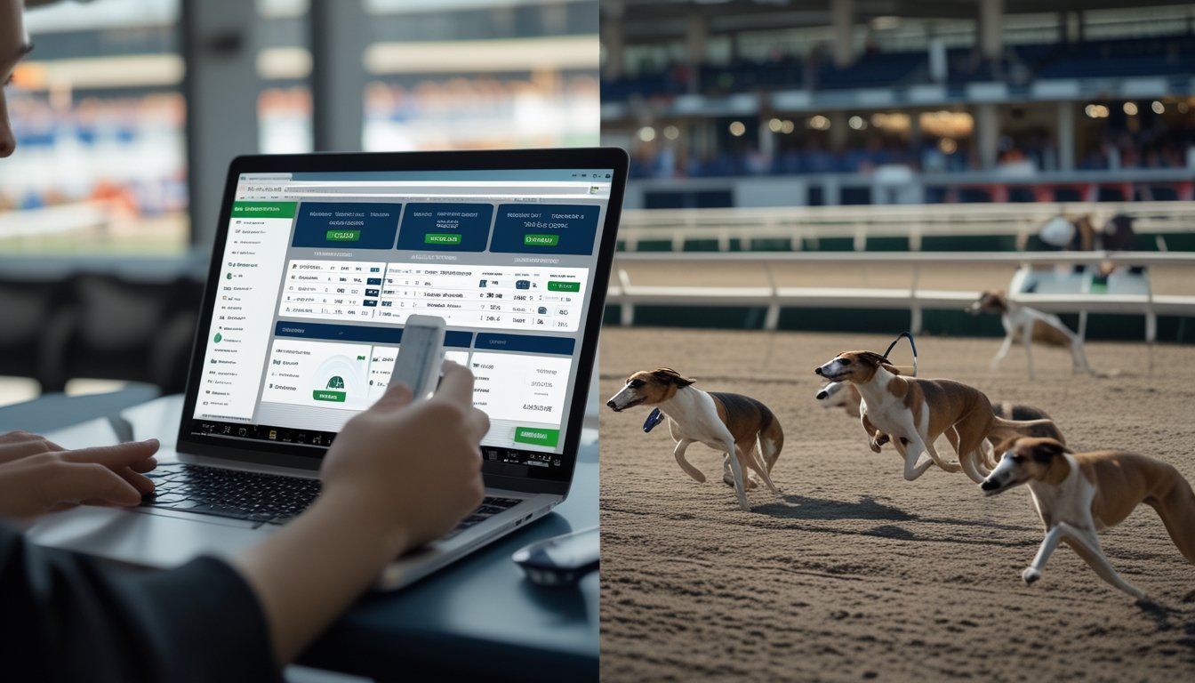 Seseorang memasang taruhan balap anjing secara online dengan laptop, sementara di sisi lain orang lain memasang taruhan secara langsung di arena balap dengan anjing greyhound berlari di latar belakang.