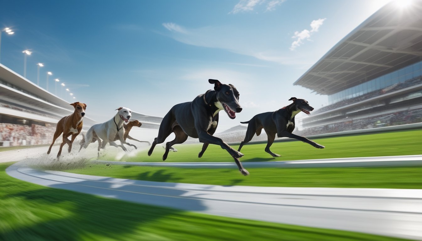 Beberapa anjing greyhound sedang berlari cepat di lintasan balap dengan penonton di tribun stadion.