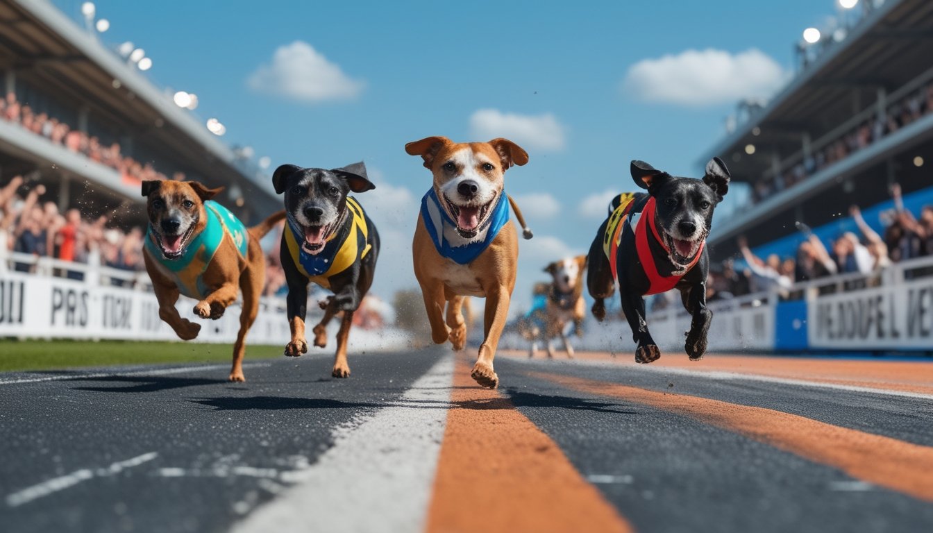 Beberapa anjing balap berlari kencang di lintasan dengan penonton yang antusias di latar belakang.