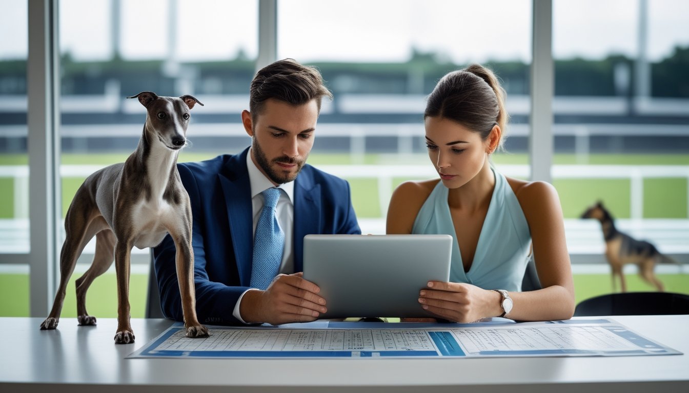 Dua orang sedang serius mempelajari data taruhan balap anjing dengan seekor anjing greyhound di dekat mereka dan lintasan balap di latar belakang.