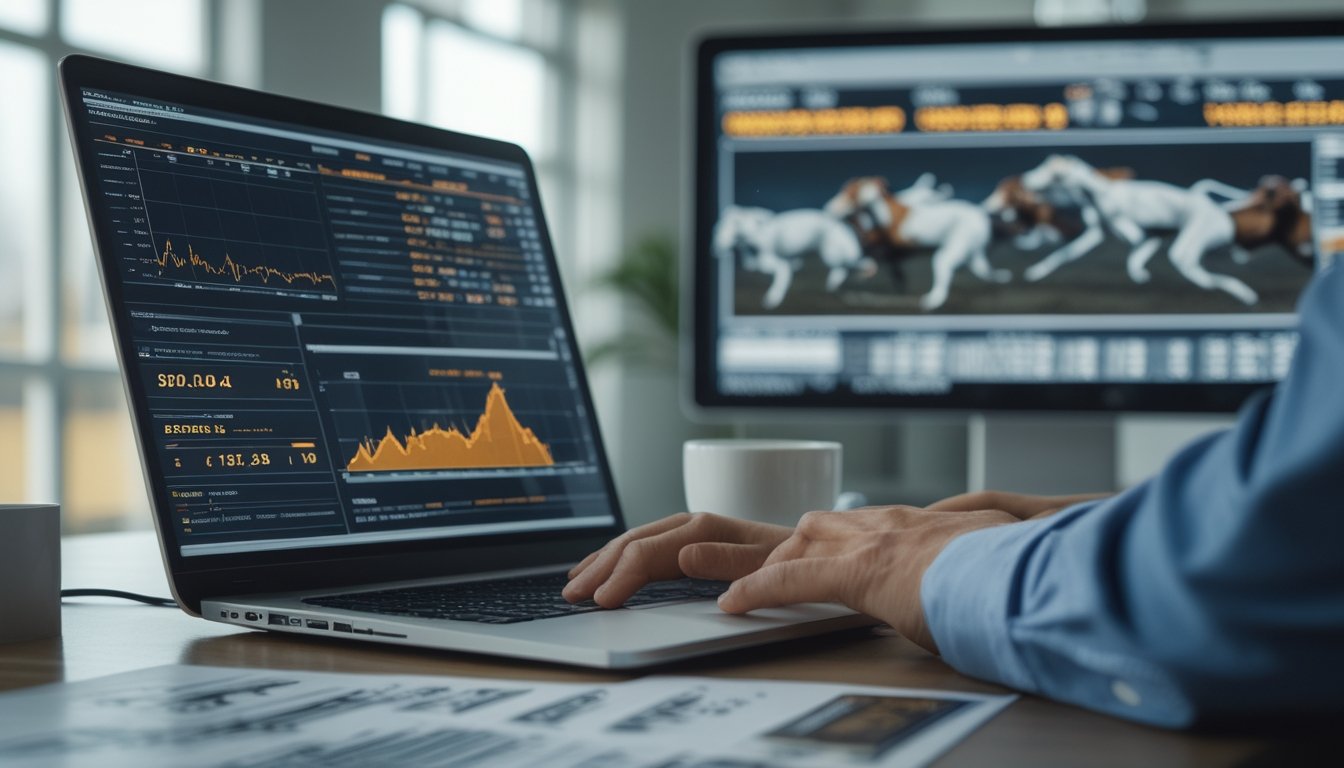 Sebuah ruang kerja dengan laptop yang menampilkan grafik statistik anjing balap dan data taruhan, dengan latar belakang layar menampilkan lomba anjing balap.