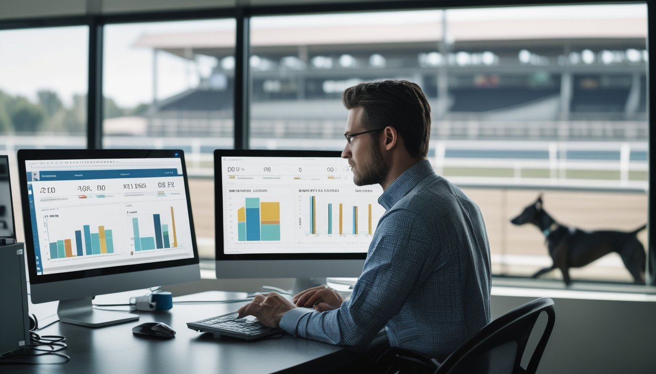 Seorang analis bekerja dengan komputer yang menampilkan grafik statistik, dengan anjing balap berdiri di dekatnya dan lintasan balap terlihat di latar belakang.