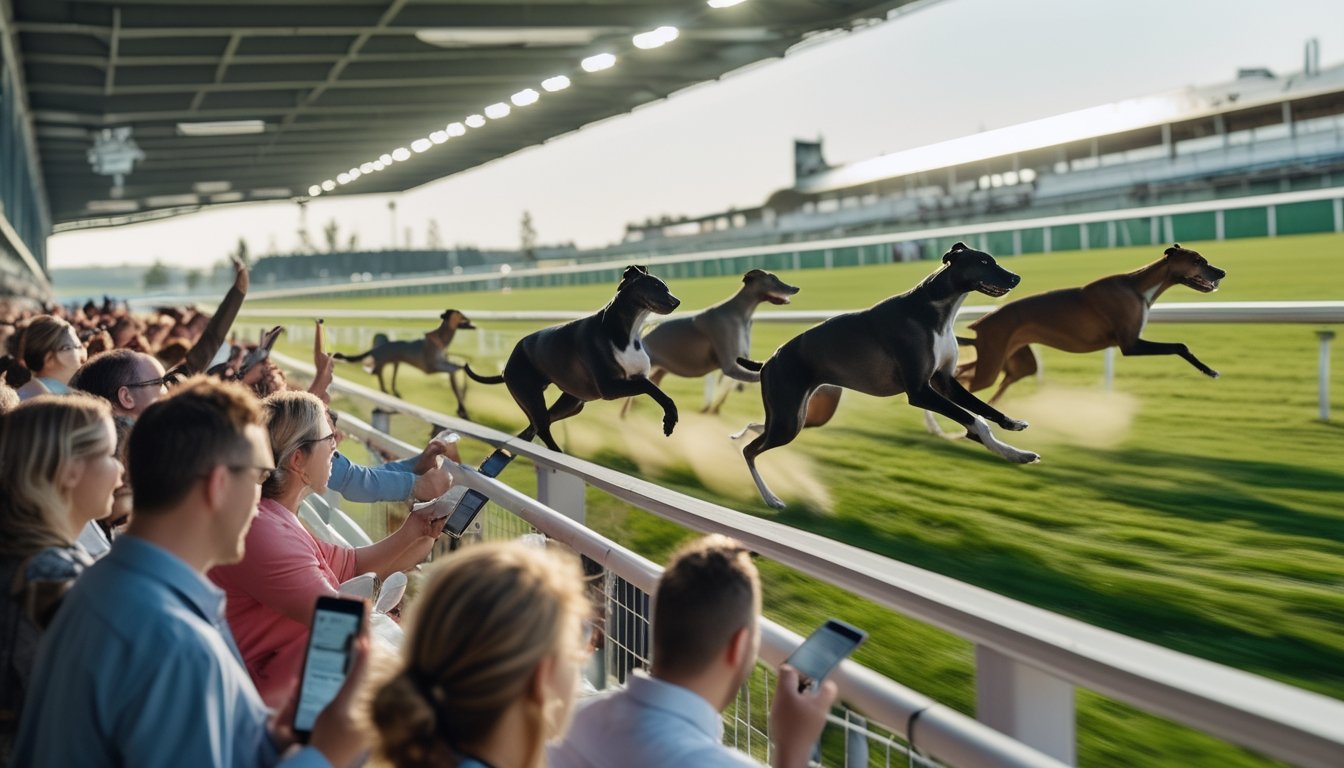 Anjing greyhound sedang berlari di lintasan balap dengan penonton yang antusias menyaksikan dari tribun.