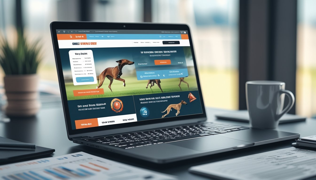 Sebuah meja kerja modern dengan laptop yang menampilkan promosi taruhan balap anjing, dikelilingi oleh grafik dan catatan, dengan suasana terang dan fokus.