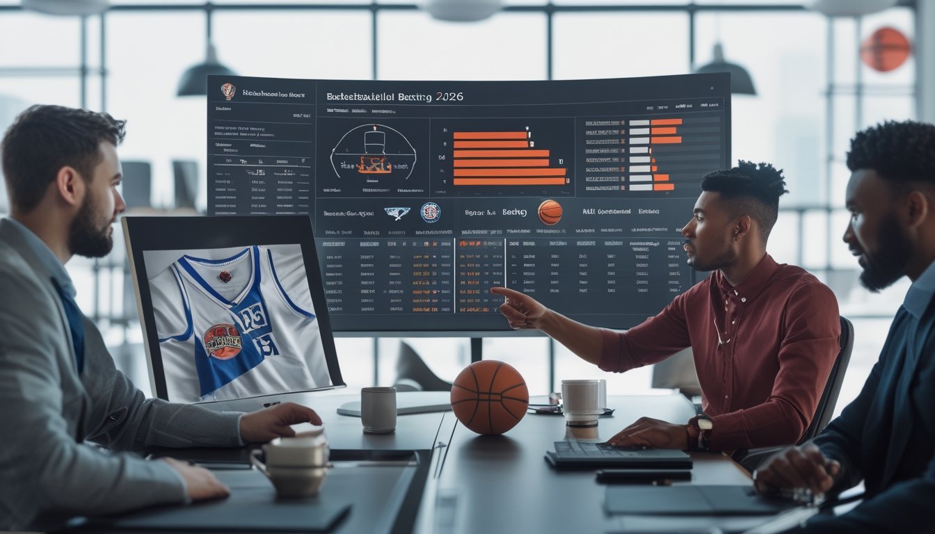 Dua orang berdiskusi serius di depan layar komputer yang menampilkan statistik dan peluang taruhan bola basket, dengan dekorasi bola basket di ruang kantor yang terang.