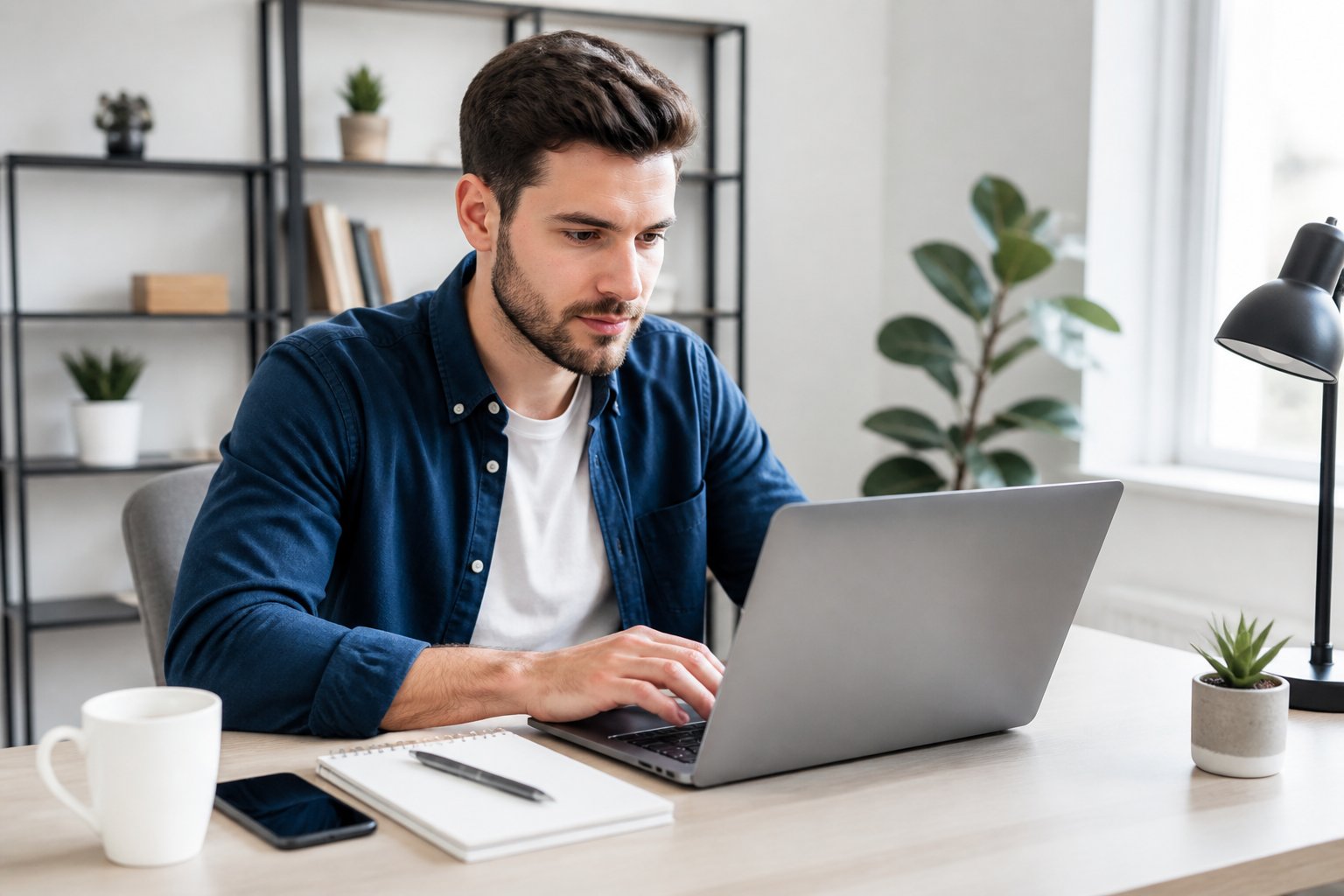 A young adult working on a laptop at a desk in a bright home office, surrounded by a notepad, pen, coffee cup, smartphone, and a small plant.