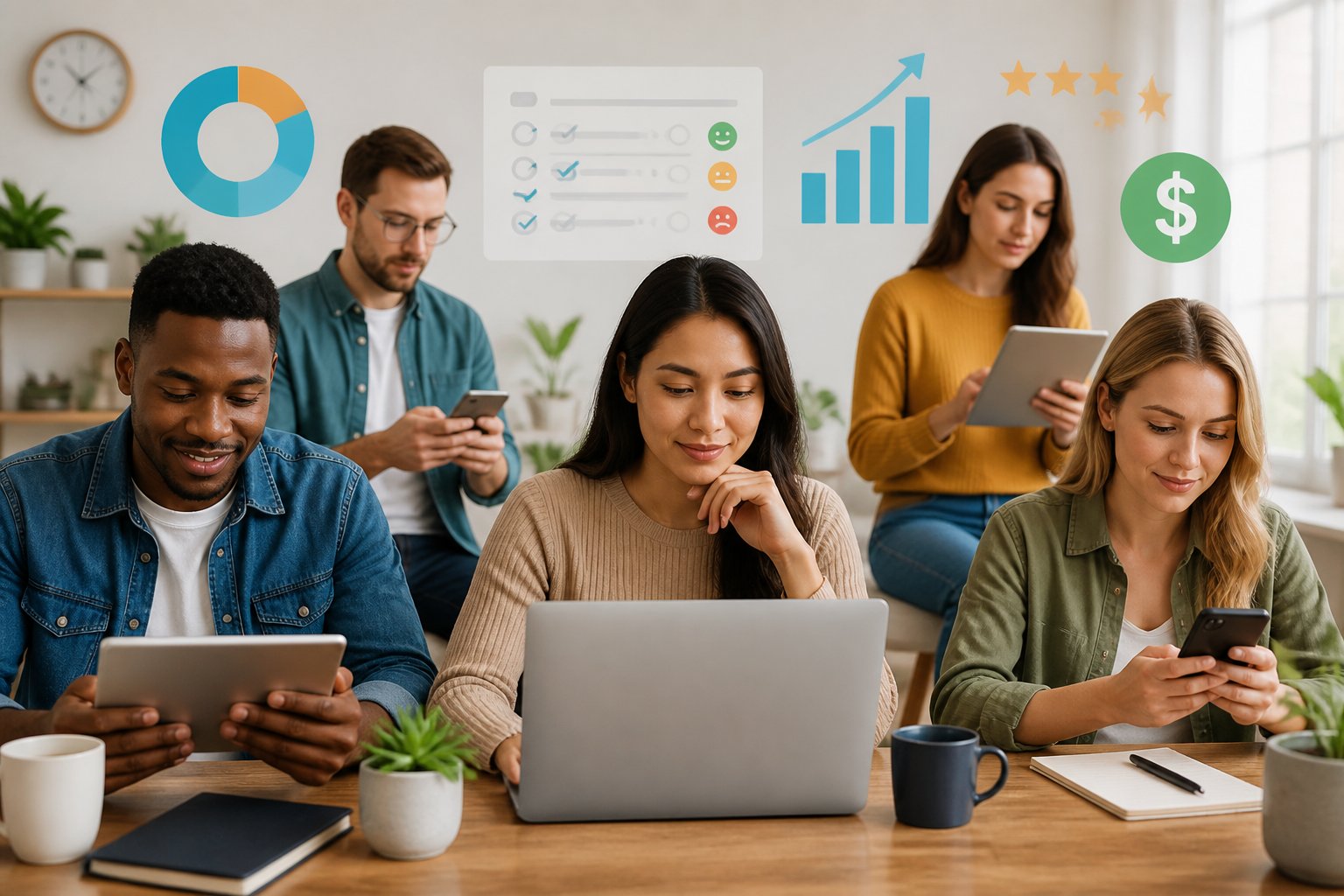 People using laptops, tablets, and smartphones to complete online surveys in a bright home office.