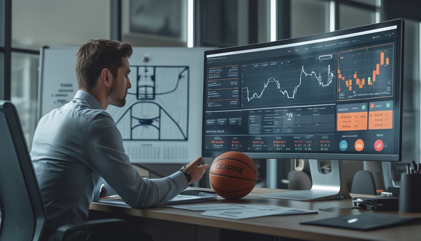 Seseorang sedang menganalisis data statistik bola basket di depan komputer dengan bola basket dan slip taruhan di meja.