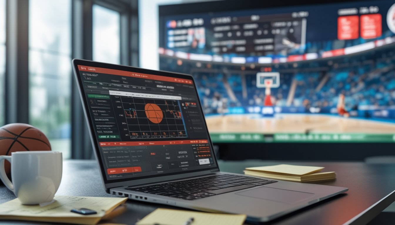 Meja kerja dengan laptop menampilkan grafik peluang taruhan bola basket, catatan tertata rapi, dan bola basket di sampingnya.