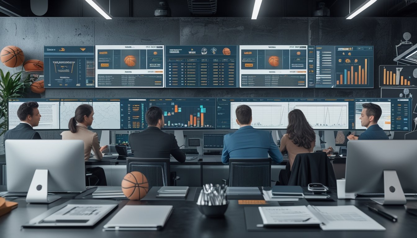Sekelompok profesional sedang menganalisis data taruhan basket di ruang kantor modern dengan layar besar dan peralatan teknologi.