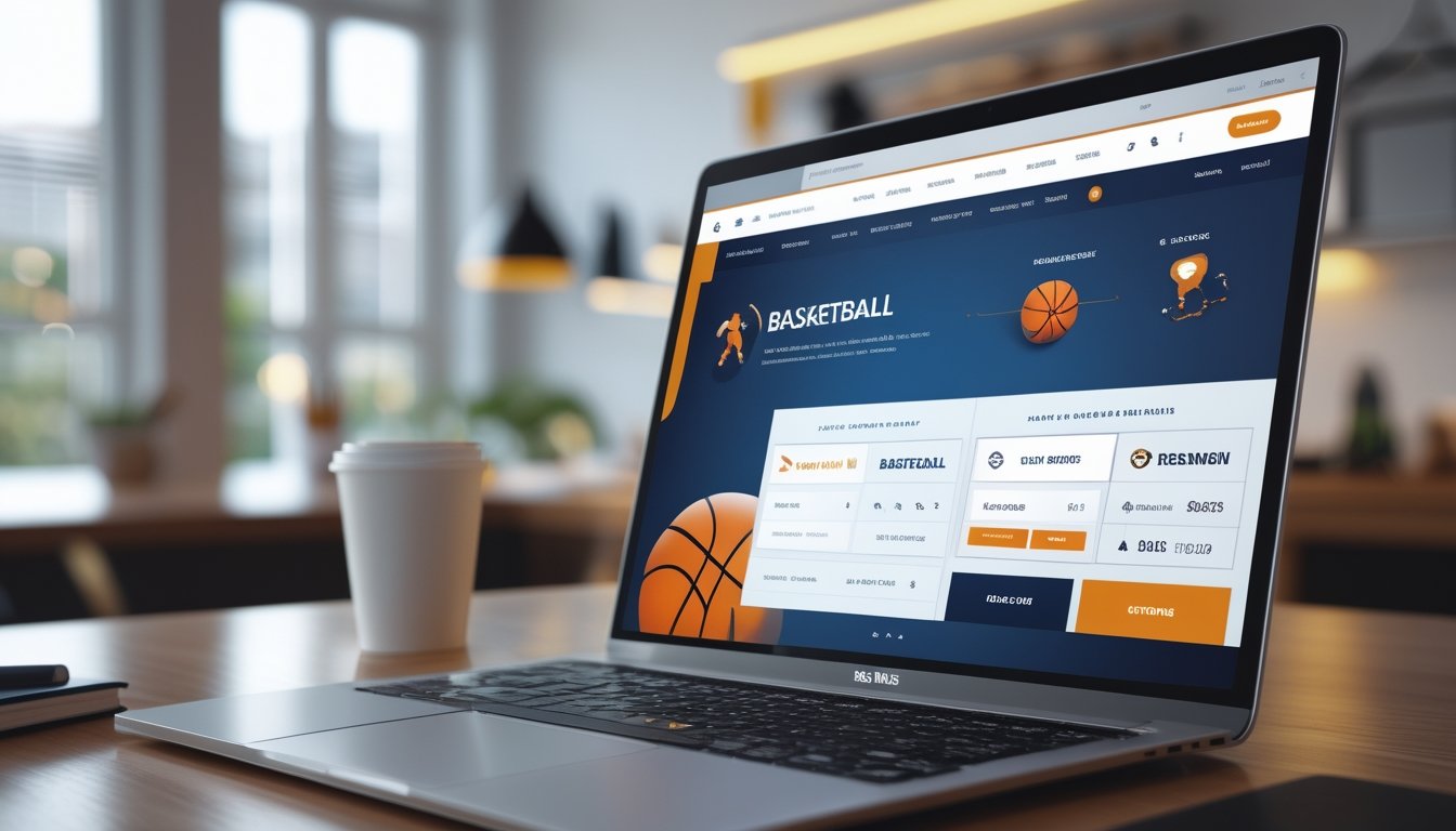 Tampilan layar perangkat dengan antarmuka taruhan bola basket online yang modern dan cepat, di meja kerja minimalis dengan cangkir kopi dan buku catatan.