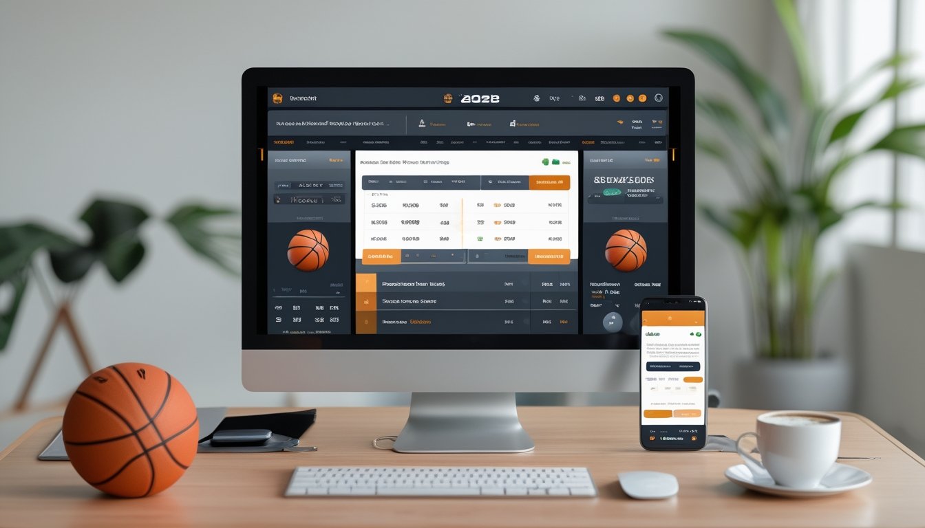 Seorang pengguna sedang melihat situs taruhan bola basket online di komputer di ruang kerja yang rapi dengan bola basket dan ponsel di dekatnya.