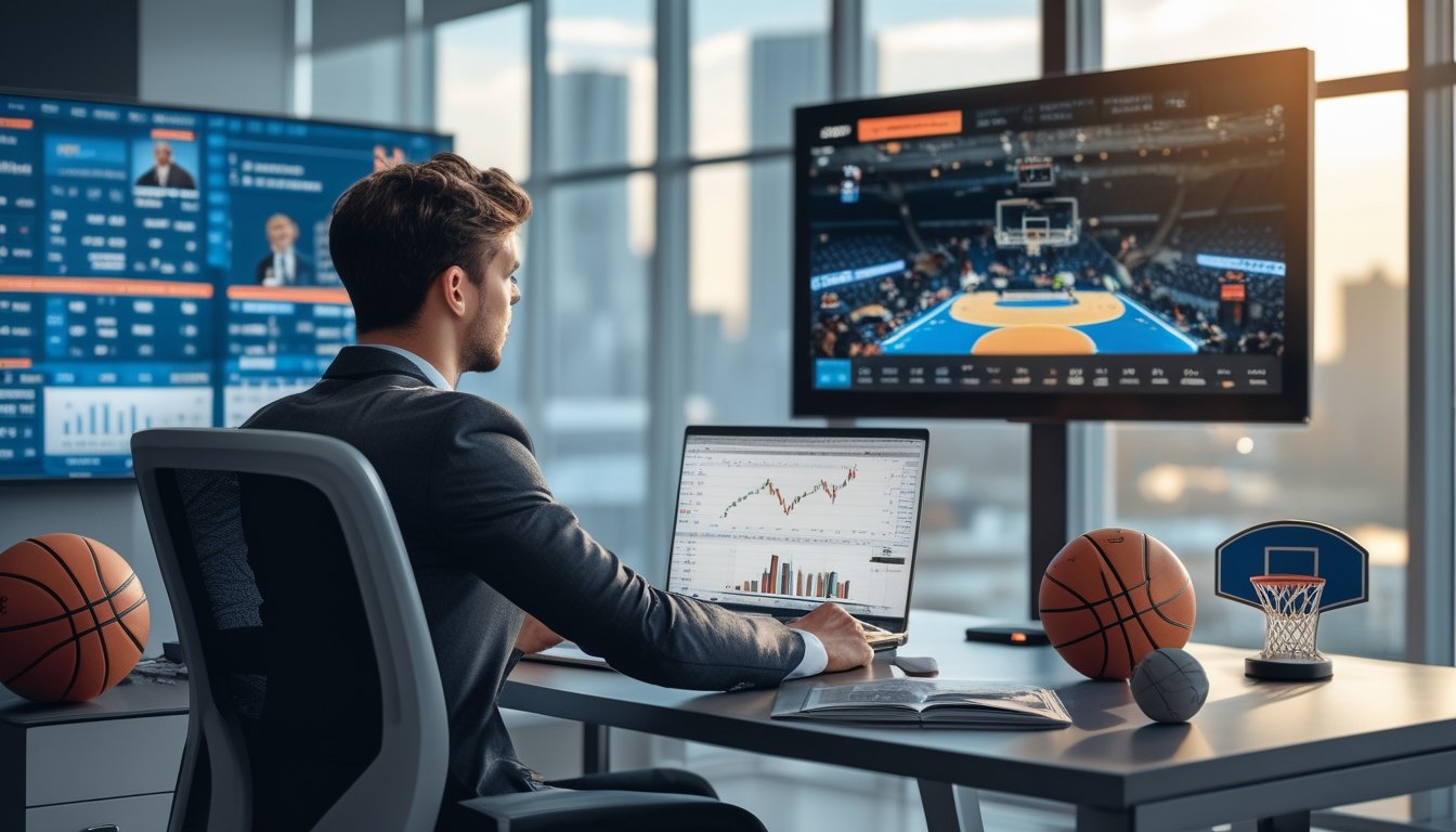 Seorang pria muda sedang mengelola keuangan di meja kerja dengan layar besar menampilkan pertandingan basket di latar belakang.