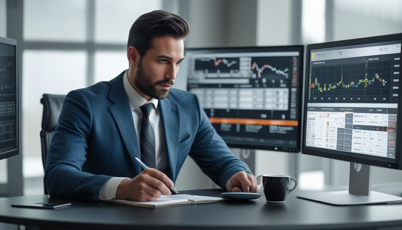 Seorang pria berpakaian rapi duduk di meja modern dengan beberapa layar menampilkan statistik pertandingan basket dan grafik keuangan, sedang menganalisis data dengan serius.