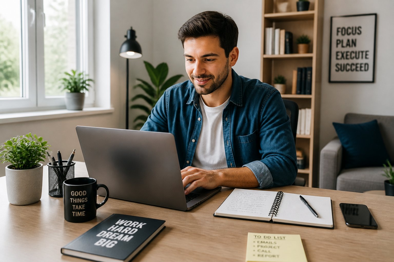 A young professional working on a laptop at a tidy desk in a bright home office.