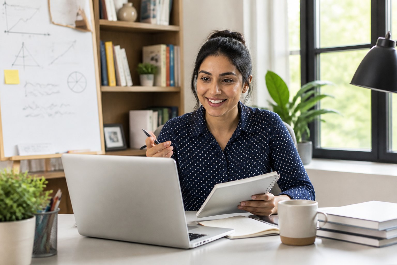 A young woman working on a laptop in a bright home office with bookshelves and a whiteboard in the background.
