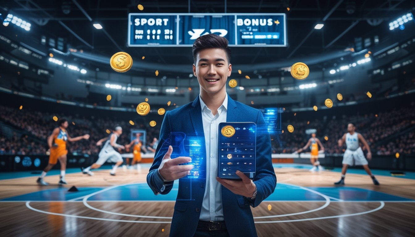 Seorang pria muda memegang ponsel dengan latar belakang lapangan basket dan pemain yang sedang bermain, menggambarkan suasana promosi dan bonus eksklusif judi basket.
