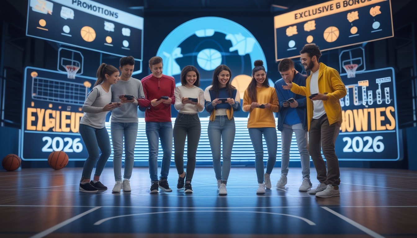 Sekelompok orang muda antusias di lapangan basket modern dengan perangkat digital, menunjukkan kegembiraan terkait promosi dan bonus judi basket.