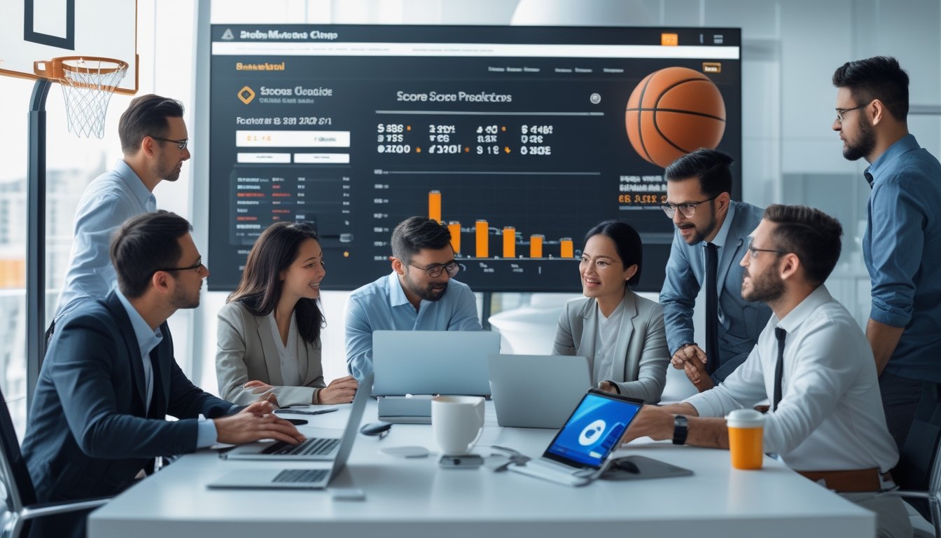 Sekelompok analis yang sedang berdiskusi di kantor modern dengan layar digital menampilkan statistik dan prediksi skor bola basket tahun 2026.