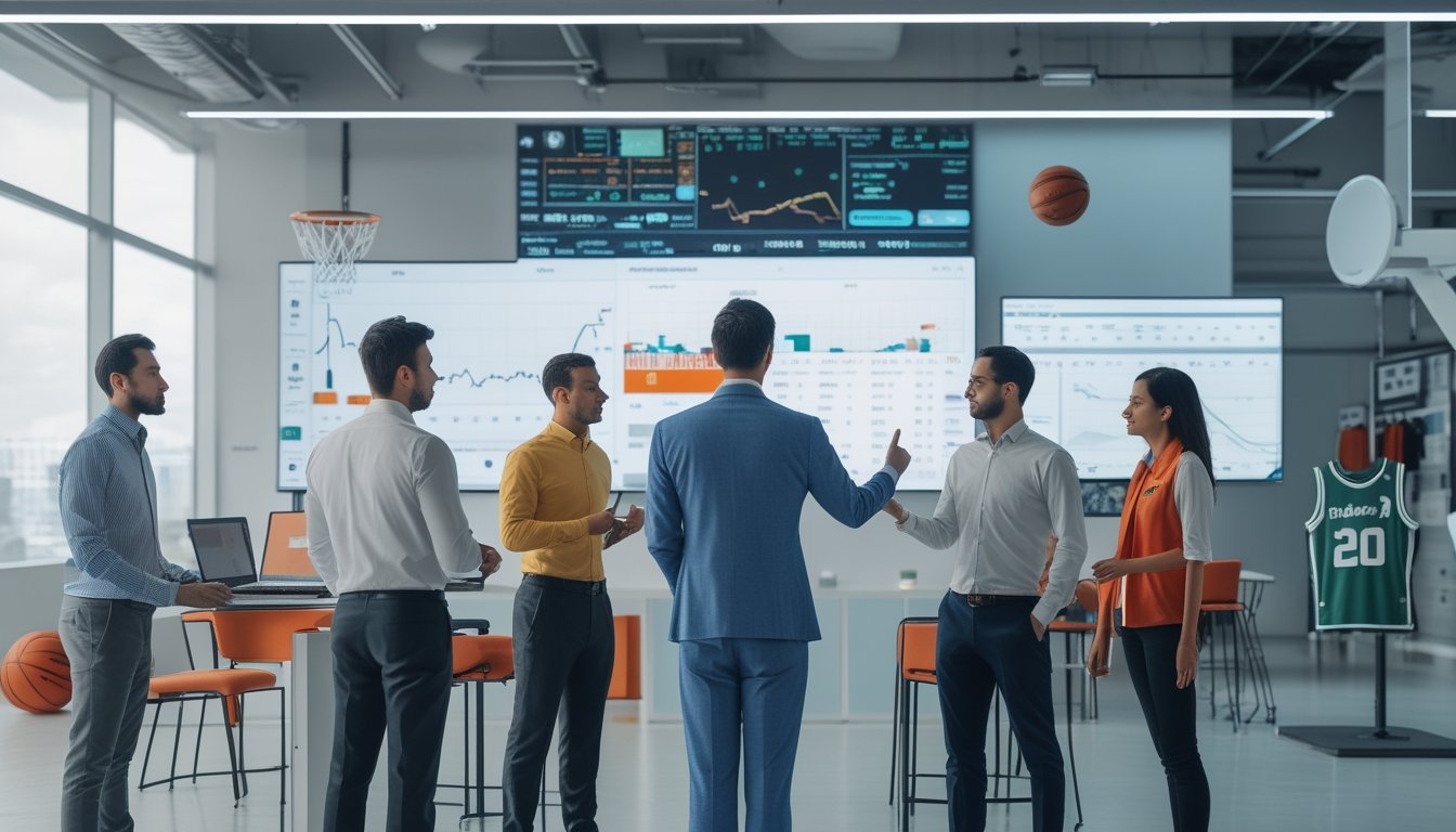 Sekelompok analis sedang berdiskusi di kantor dengan layar digital menampilkan statistik dan grafik bola basket.