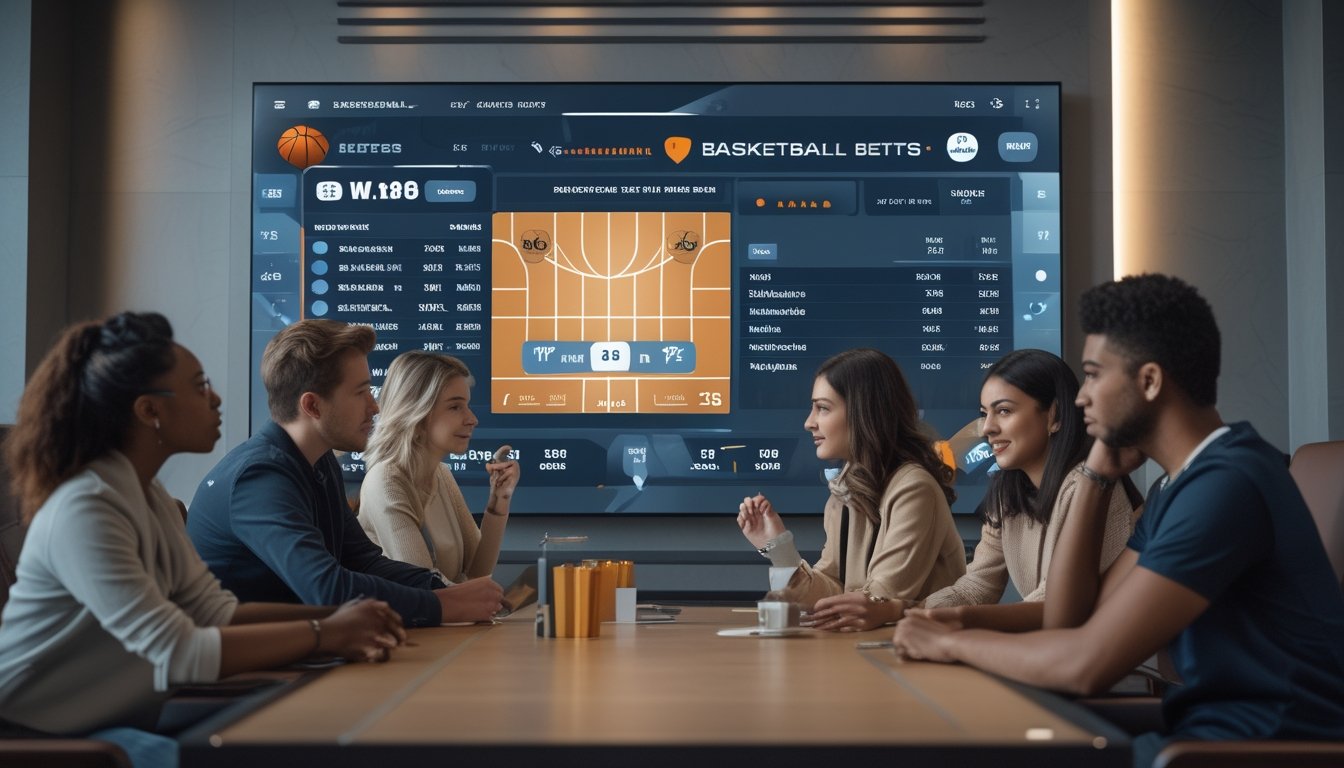 Sekelompok orang muda sedang memperhatikan layar digital yang menampilkan statistik dan skor pertandingan bola basket, tampak serius dan berdiskusi di sebuah ruang olahraga modern.