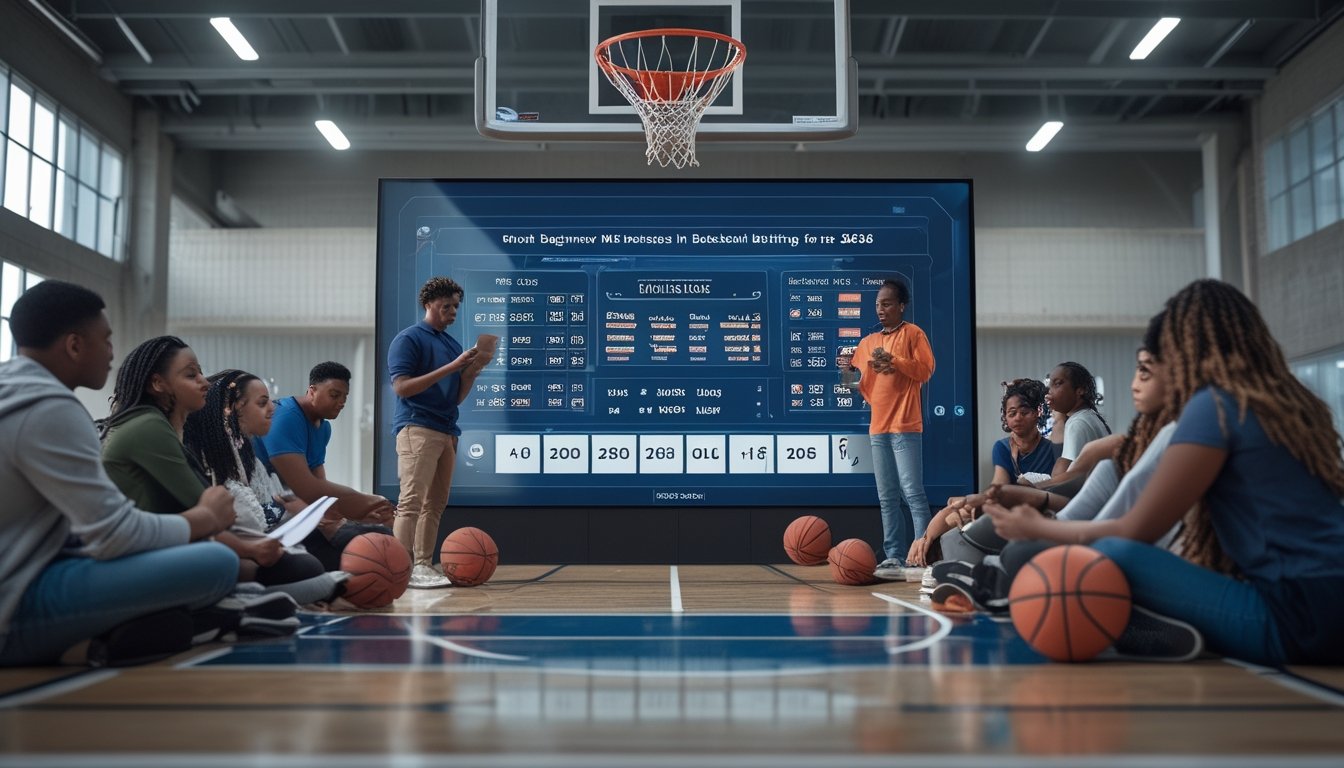 Sekelompok orang muda di lapangan basket dalam ruangan sedang berdiskusi dan belajar tentang taruhan basket dengan layar digital menampilkan statistik.