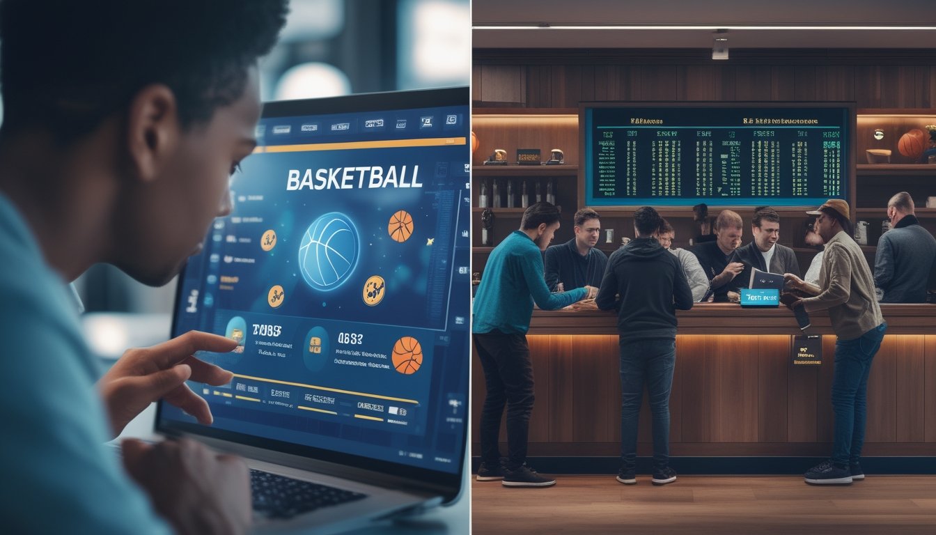 Seseorang menggunakan ponsel untuk taruhan basket online di sebelah kiri, dan sekelompok orang bertaruh secara langsung di konter di sebelah kanan.