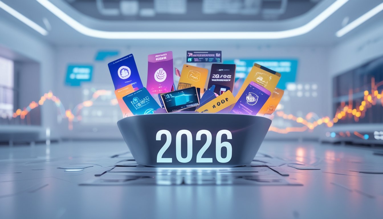 Keranjang berisi berbagai item acara dan layar digital dengan ikon olahraga dan hiburan, menggambarkan peluang taruhan yang menguntungkan pada tahun 2026.