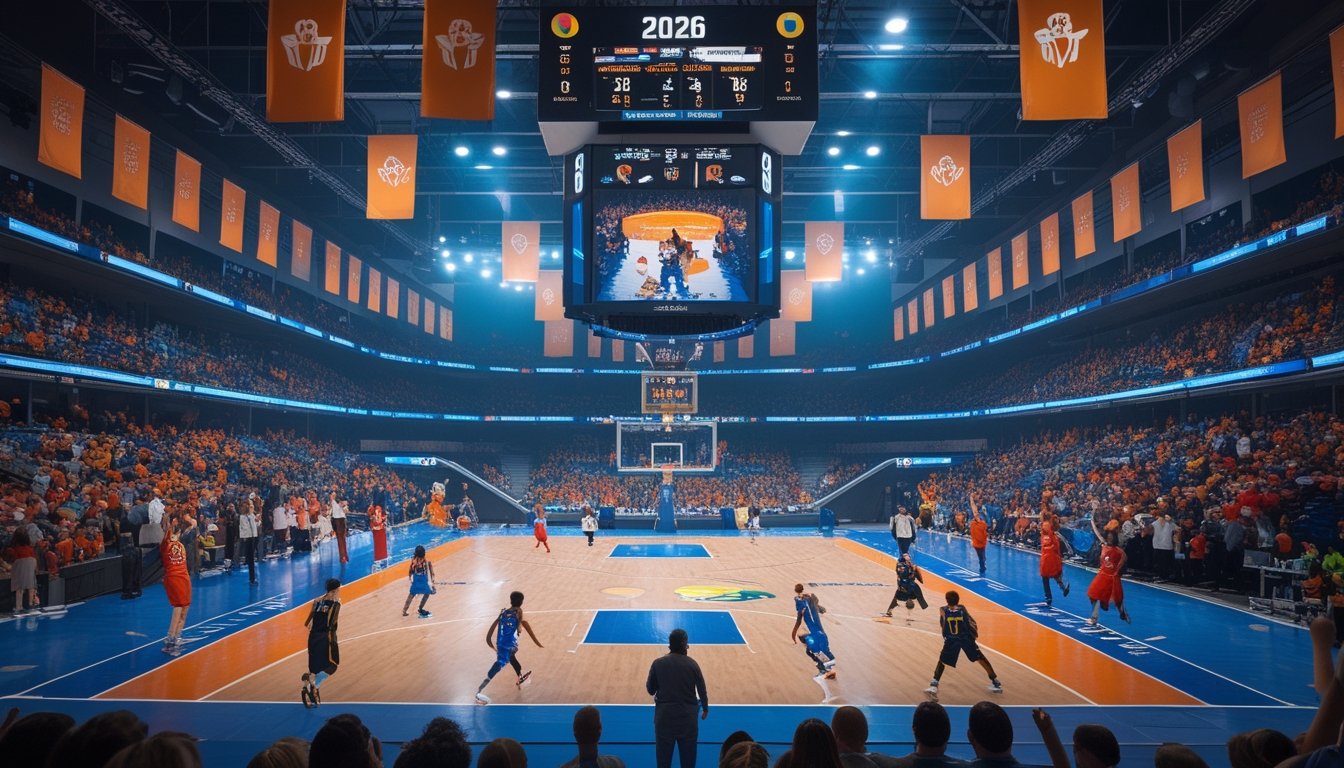 Suasana pertandingan basket besar dengan pemain yang sedang beraksi di lapangan dan penonton yang antusias di arena dalam ruangan.