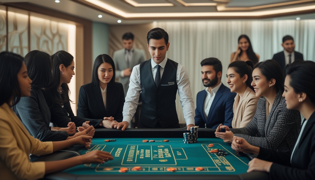 Seorang dealer dan beberapa pemain sedang bermain permainan kartu di meja kasino dengan suasana yang fokus dan profesional.