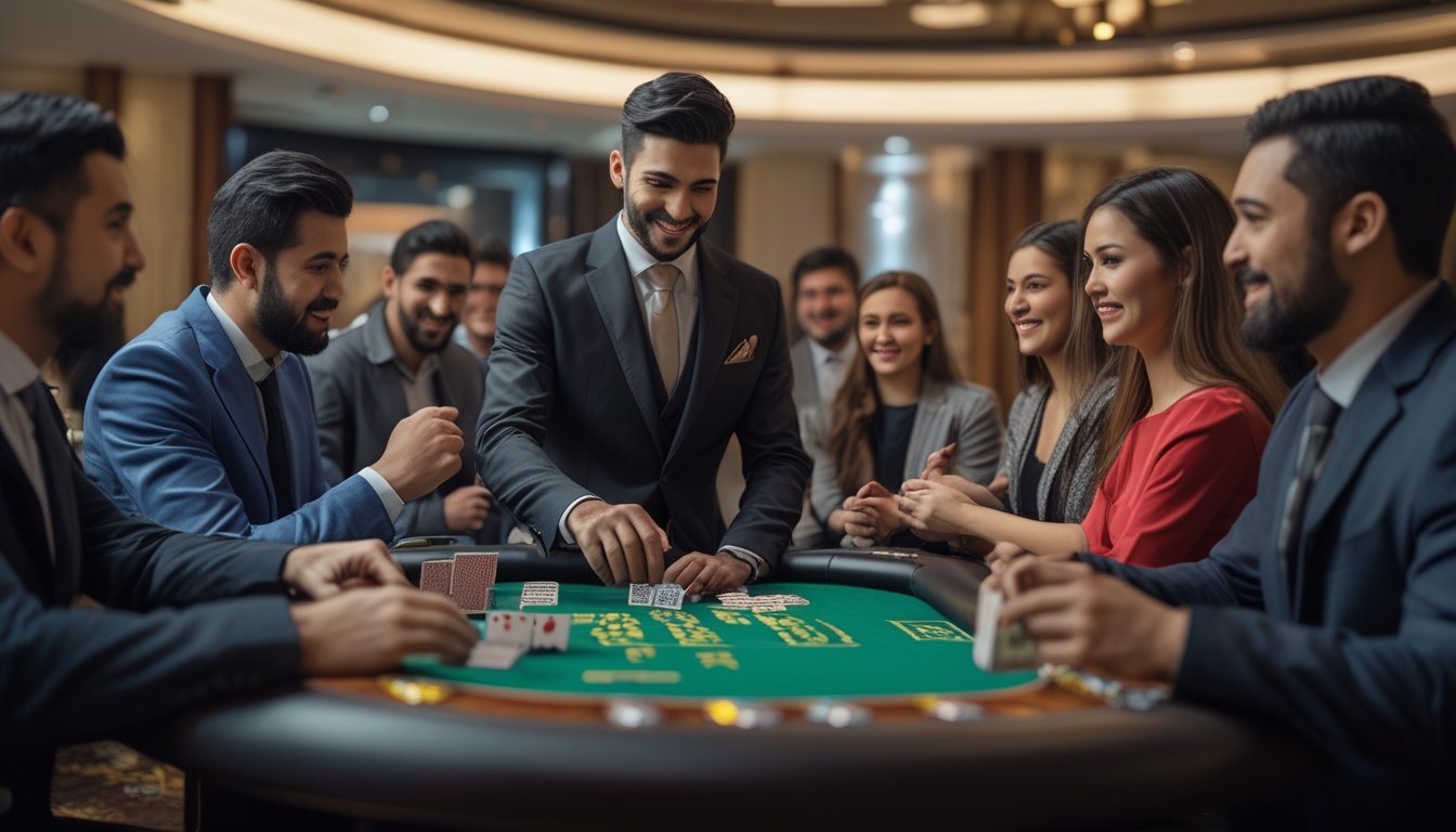Seorang dealer di meja permainan Ceme dengan beberapa pemain yang fokus dan antusias di dalam ruangan kasino.