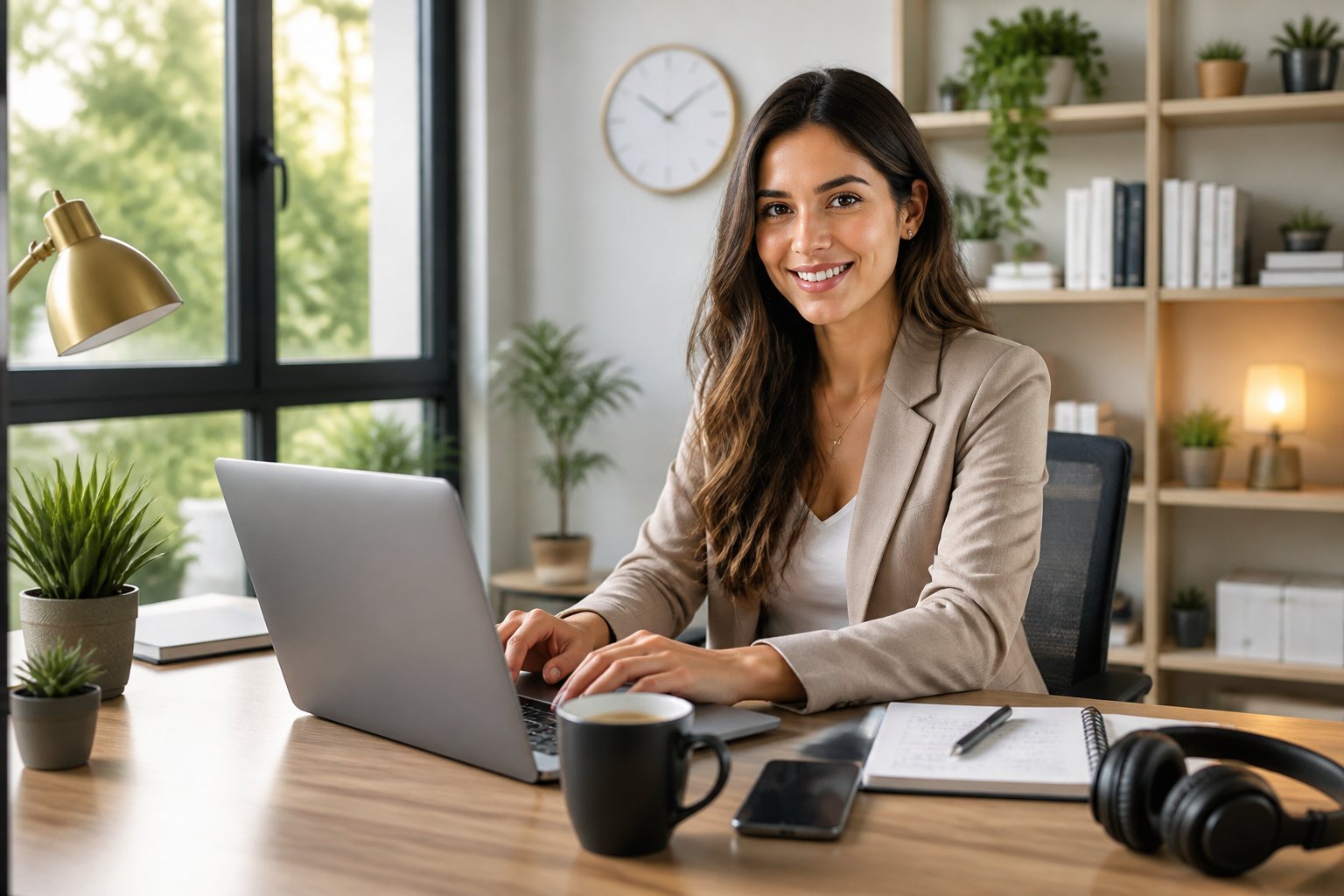 A young woman working on a laptop at a tidy desk in a bright home office with natural light coming through a window.