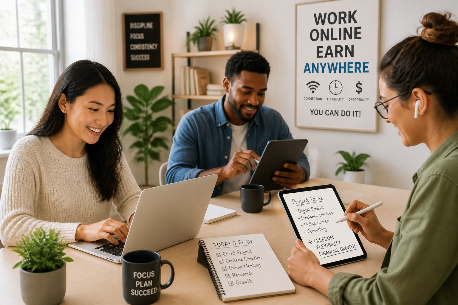 Three people working on laptops and tablets in a bright home office with natural light.