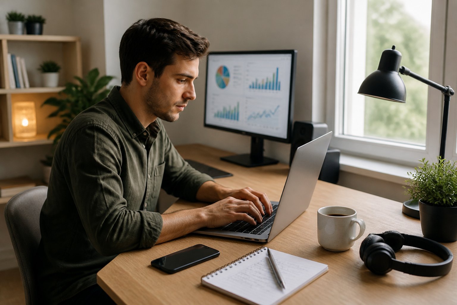 A person working on a laptop at a tidy desk with a smartphone, notepad, and coffee in a bright home office.