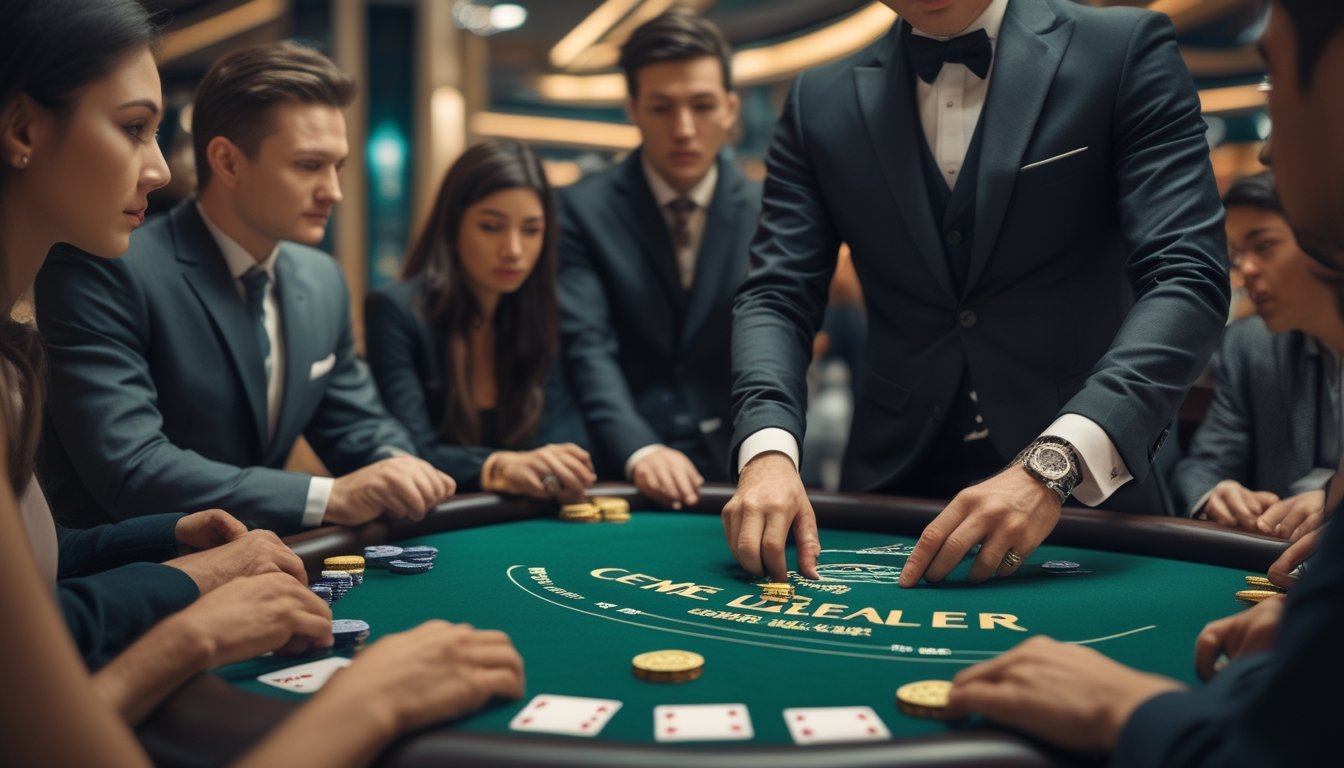 Seorang dealer Ceme yang profesional sedang membagikan kartu di meja permainan dengan beberapa pemain yang fokus memperhatikan permainan.